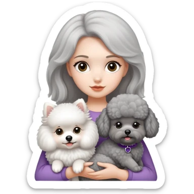 A girl holding a white Pomeranian and a gray poodle sticker