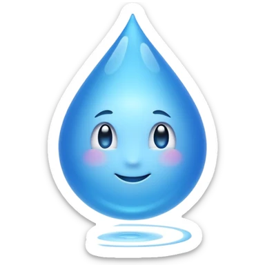 showing small blue water droplets floating gently in the air above a shiny surface, creating a fresh and slightly wet appearance — the surface has a soft reflective glow, representing humidity or moisture — clean, soft lighting and smooth rounded emoji design sticker