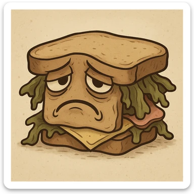 a miserable sandwich with a sad expression, wilted lettuce, droopy bread, dull colors sticker