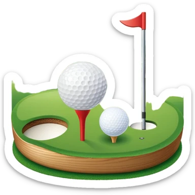 A golf ball on a tee with a golf club placed beside it, set against the backdrop of a well-manicured green golf course. The scene emphasizes the equipment and serene atmosphere of the sport, with soft lighting and a peaceful, open landscape sticker