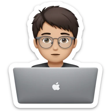 Apple Memoji-style 3D avatar, young man with light skin, short messy dark brown hair, black rectangular glasses, sitting behind a silver laptop with only eyes visible, cute minimal plastic look, smooth shapes, studio light, pure white background, centered, 1:1, ultra clean, 4k sticker