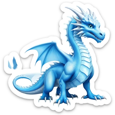 Cinematic Noble wise elegant Ice Dragon full body  Emoji, Poised and imposing, distinct long elegant snout, with a slender, scaled body shimmering in glacial hues of icy blue, frostbitten silver, and crystalline white, breathing out frost, with piercing, glowing ice blue white eyes that radiate the chilling depths of an arctic storm; rendered in detail. excuding wisdom sticker