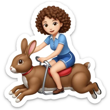 cute woman short tight curly brown hair riding bouncing rabbit sticker