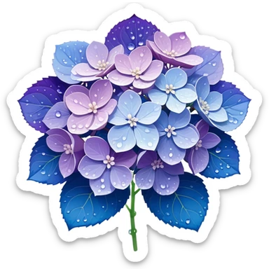 Japanese style hydrangea (ajisai) flower in ukiyo-e inspired design, delicate blue-purple gradient, elegant composition with raindrops, traditional Japanese aesthetic sticker