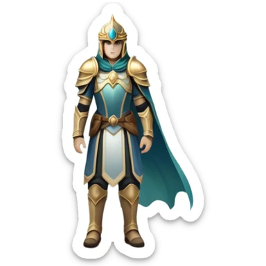 An icon featuring a hero with a closed visor, standing in a majestic, mystical landscape, inspired by RPGs like Elden Ring. The design includes a stunning, ethereal background with towering castles and distant mountains, symbolizing the adventure and mystery. Transparent background sticker