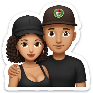 A picture of an embracing tanned couple. the man is a Mexican man with tanned skin, with a bald hair cut wearing a SnapBack hat and a black shirt. the woman has curly dark brown hair and with big boobs sticker
