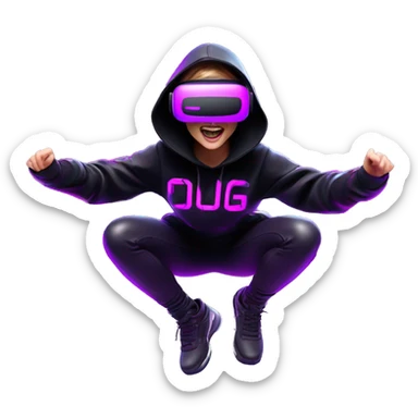 Russian girl wearing black hoody with violet letters "OMG", in vr headset oculus quest2. jumping. Cyberpunk style. Violet neon. sticker