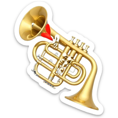 “Flat vector icon of a golden side-view trumpet with mouthpiece, bell, and three valves, thick outline, centered on a deep navy blue rounded-square (or circle); from the bell, 2–3 small white or light-blue music notes with dark outline emerge.  sticker