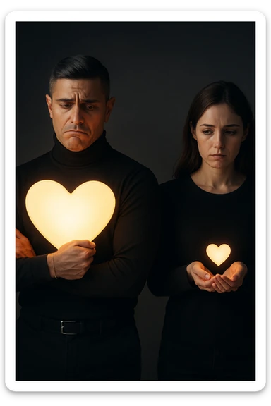 an Italian man in his 30s with olive skin and dark hair stands apart from a woman who offre un piccolo cuore luminoso tra le mani. Lui guarda il cuore con un’espressione triste e insoddisfatta, tenendo tra le braccia un cuore molto più grande e brillante, mentre la distanza tra loro è accentuata da luci soffuse e ombre. sticker
