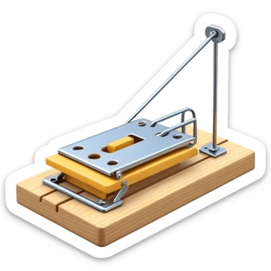 A 3D emoji in iOS emoji aesthetic style of a classic mousetrap without cheese, showing a wooden base and metal spring mechanism, clean minimal design, bright lighting, glossy Apple-style look, white background. sticker