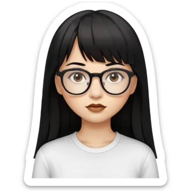 uma mulher snapchat icon, cor da pele normal, cabelo preto liso solto grande com franja, óculos pretos, com piercing na boca e nariz, olhos castanhos, camisa branca sticker