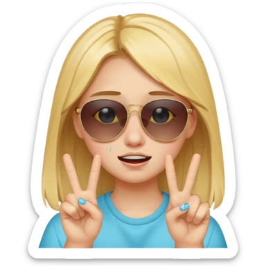 teenage girl with sunglasses crying but holding up peace sign sticker