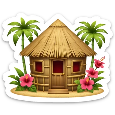 Hawaiian tiki hut house, round tropical hut, bamboo details, thatched roof, tiki masks decoration, hibiscus flowers, cute mobile game icon, 3D cartoon, clean background, no text sticker