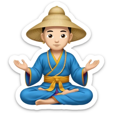 Tibetan monk in Asian hat floating in lotus pose in blue kimono sticker