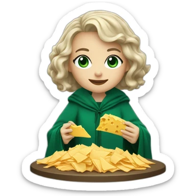 Slytherin girl with short wavy ash blonde bob hair and blue eyes eating chips and cheese wearing a wizard robe sticker