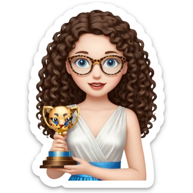 A girl with white pale skin, full lips, brunette LONG curly hair. She is wearing a white  silk dress. She is holding an award and happy. She has a leopard print round-ish shaped glasses. She has blue eyes. sticker