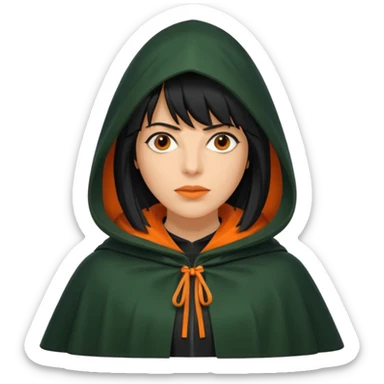 traitor tv show, person wearing dark green cloak with hood up who looks like claudia winkleman orange skin tone and thick black fringe sticker