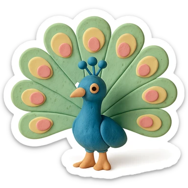 peacock with fanned colorful feathers, visible fingerprints, pastel colors, claymation style sticker