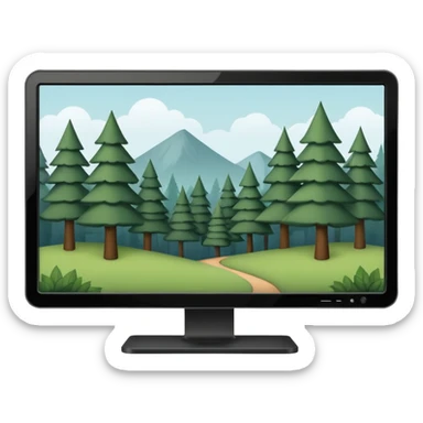 Minimalistic flat vector icon, iOS style, thin black contour on white background. Computer monitor with a simple forest scene on the screen (trees, minimal landscape). Clean, no text, no shadows sticker