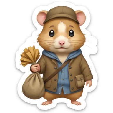 cartoon-style hamster poor hobo carrying a bindle over its shoulder with a sad expression. sticker