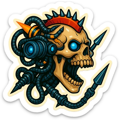 guns. try different melee weapons. put punk spikes on some surfaces. use other colors for the eyes like blue. the skull is screaming. . the skull should stay bone. make the jaw open extremely wide. wider than reality. profile view. 3/4 view. rear views. add some black and yellow warning stripes in sections. rear views! profile views! Mohawk made from a circular saw blade sticker