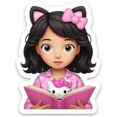 Chica peli negra  cabello ondulado tes trigueña con una pijama rosa de hello kitty leyendo un libro rosa de haditas  sticker
