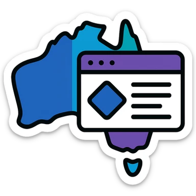 Add Microsoft Power Pages brand colors (blue, purple, teal) to the map of Australia with digital web page overlay, keep the modern and techy look, no text sticker