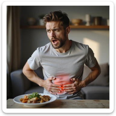 realistic 28-year-old man experiencing abdominal pain or bloating after eating, surprised expression, domestic environment sticker