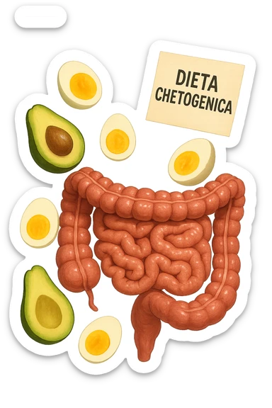 intestino umano anatomico con uova sode e avocado che gli fluttuano intorno insieme ad un foglio con la scritta "DIETA CHETOGENICA" CHE FLUTTUA IN ARIA sticker