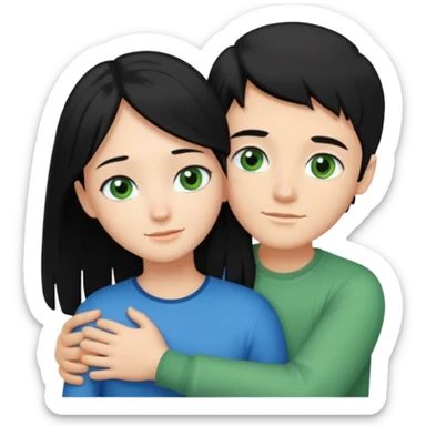 Make a couple hugging the girl is white with long black hair with blue eyes. The girl is hugging a boy with light brown short hair with green eyes. sticker