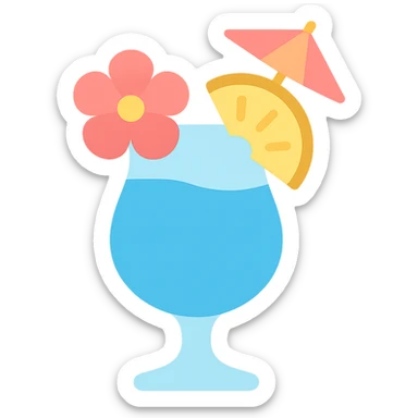 blue tropical cocktail with hibiscus, pineapple, and paper umbrella garnish sticker