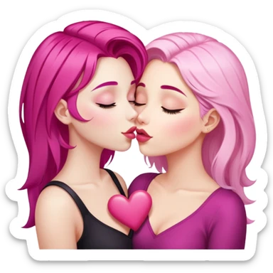 gorgeous pale girl with magenta pink hair latina makeup next to a gorgeous blonde girl with a light pink heart in between eye closed making kiss faces sticker