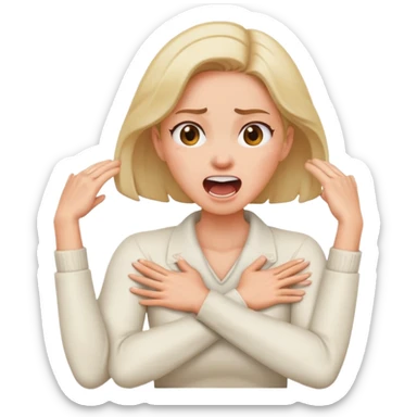 Woman arms crossed holding neck screaming sticker