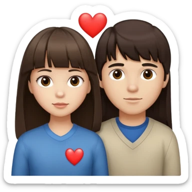 girl brunette with bangs long hair with boy dark brown hair with bangs with straight eyebrows with a light color heart between them. sticker