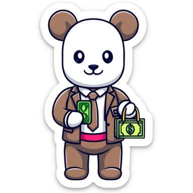 cool hustler bearbrick with money bag, luxury clothes, and bling jewelry sticker