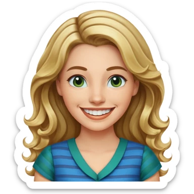 30 yr Caucasian woman long brown wavy hair parted on side blond stripe in hair blue green dress ,big smile white teeth, dimples sticker