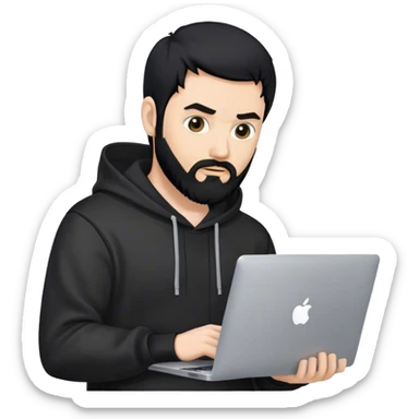 hackeur blanc cheveux noir barbe et capuche noir avec un macbook sticker