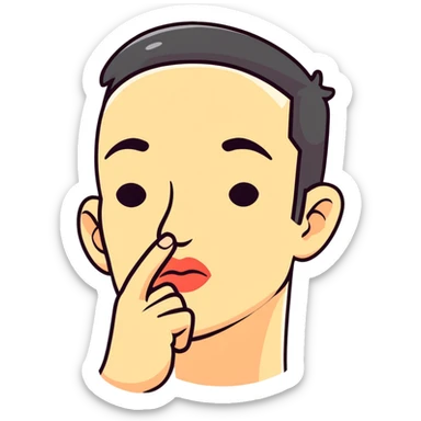 cartoon face making shush gesture with finger on lips, pointing at jaw, pressing cheekbones sticker