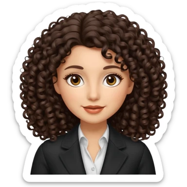 beautiful female memoji, dark brown voluminous curly hair, big brown eyes, natural glow, soft smile, elegant and classy sticker