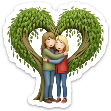 heart-shaped weeping willow tree with two people inside giving each other a supportive, caring hug, like close friends comforting each other, with a small heart above them sticker
