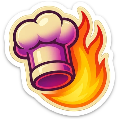 chef's hat with a trail of fire emoji, playful, synthwave colors, vibrant, matching style reference file
 sticker