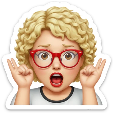 Blonde woman with short curly hair, slightly overweight, wearing glasses with red frames, shouting with hands on each side of her mouth sticker