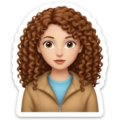 White girl with brown long 3A curly hair, brown almond shape eyes, refined wide nose, natural lips. Cute clothnig sticker