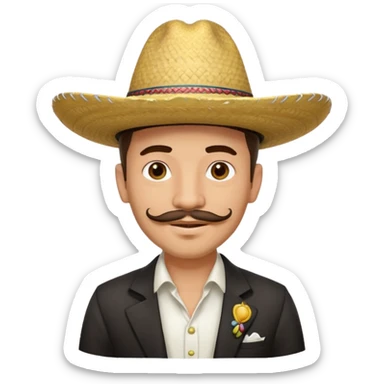 A happy, light skinned, Colombian man, with a small not connected mustache, a small gotee, wearing a Colombian Sombrero Voltiao with black rings on it, and wearing a white dress shirt sticker