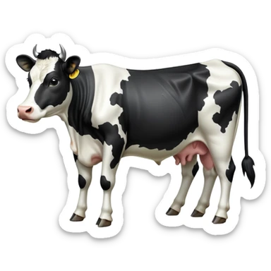 cinematic-[black and white cow]-realistic-full-body-standing-emoji,-tail-flicking-lazily,-head-tilted-dramatically,-sleek-[black and white]-coat,-simplified-yet-realistic-focused-features,-highly-detailed,-glowing-with-an-almost-sarcastic-glow sticker