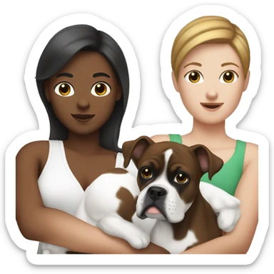 A white woman with brown hair holding her black and white boxer like a baby sticker