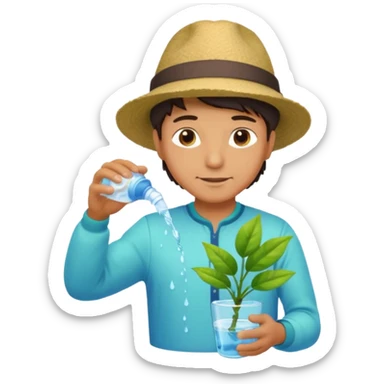 Realistic illustration of a man pouring water onto a green plant, standing outdoors in daylight, with a watering can in hand, gentle and caring expression, vibrant garden background, soft natural lighting, highly detailed, professional composition." sticker