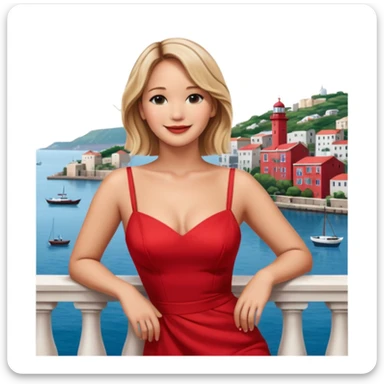 jennifer lawrence, red dress leaning on a balcony with a harbor and cityscape in the background, smiling sticker