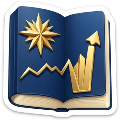 A navy blue productivity book with gold details, chart with upward trend aura, radiating productivity, strategy, and success in motion- sticker