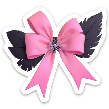 3D emoji style pink bow with gothic effect, pastel pink to black ombre, black feather accents, and silver spiderweb brooch sticker